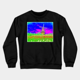 Windmill with Tulips Abstract Surreal Psychedelic Netherlands Scenic Print Crewneck Sweatshirt